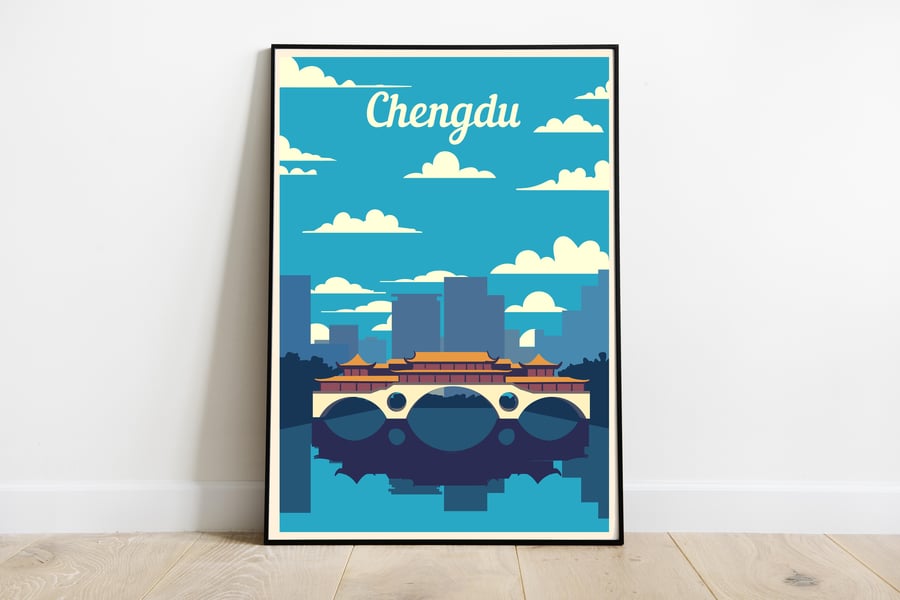 Chengdu retro travel poster, Chengdu print, China travel poster