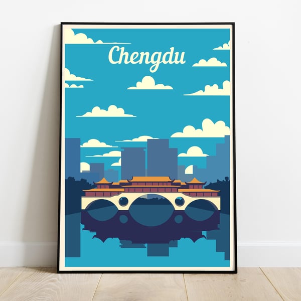 Chengdu retro travel poster, Chengdu print, China travel poster