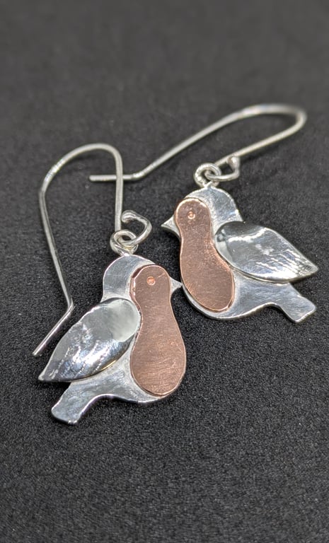 Robin earrings, Sterling silver and copper earrings, Bird jewellery