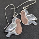 Robin earrings, Sterling silver and copper earrings, Bird jewellery
