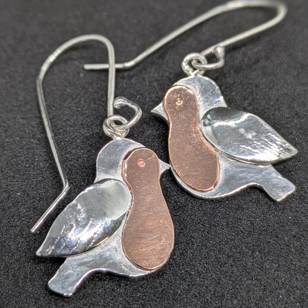Robin earrings, Sterling silver and copper earrings, Bird jewellery