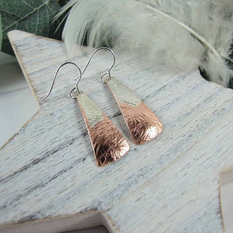 Earrings, Sterling Silver and Copper Textured Triangle Dropper Earrings