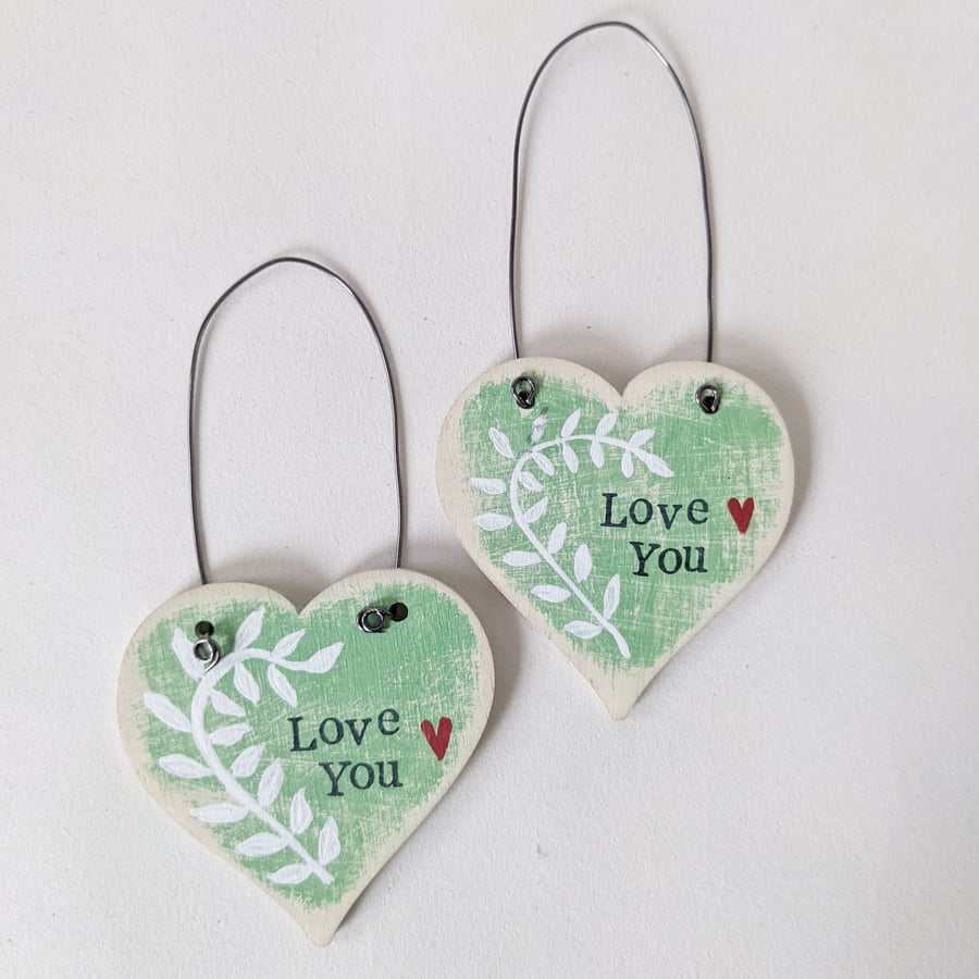 Hand Painted Wooden Heart Hanging Decoration 'Love You'