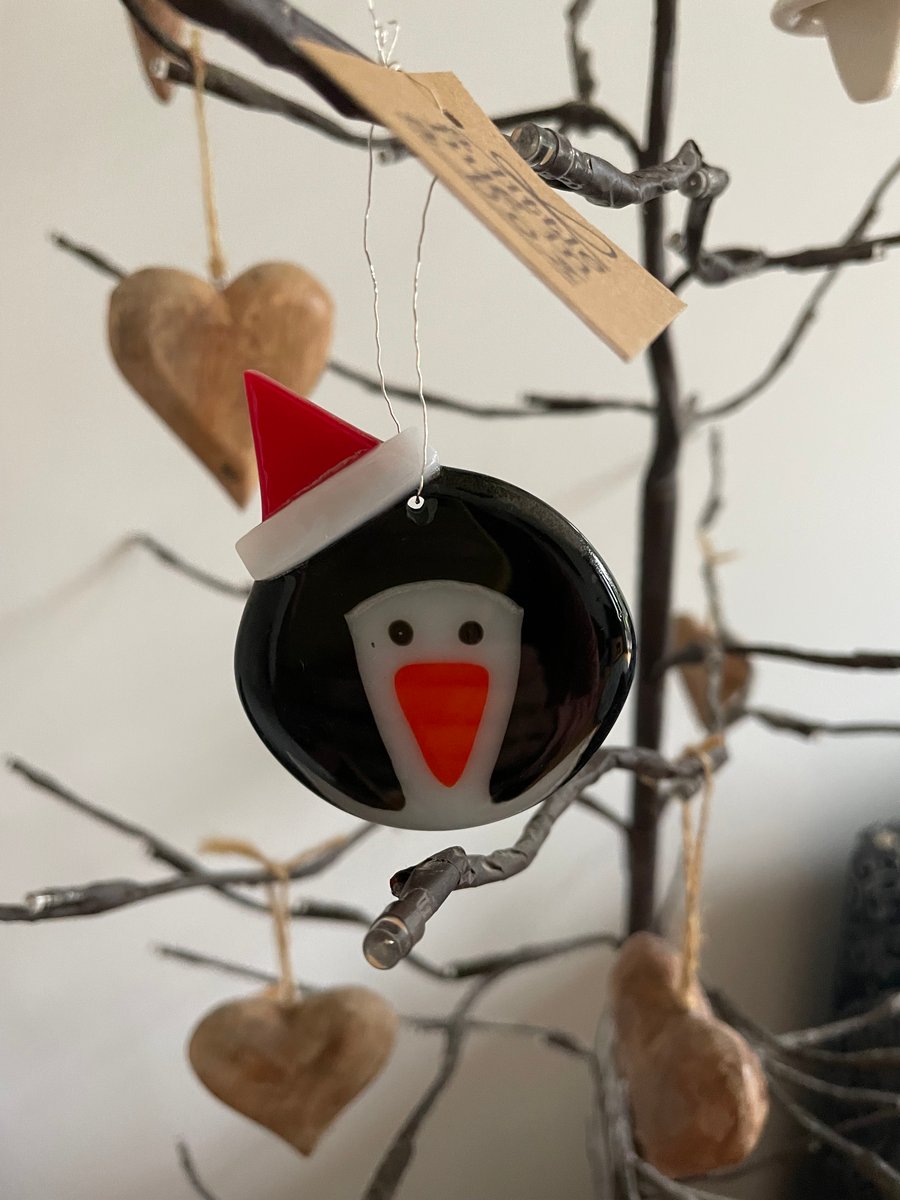  Fused glass Christmas penguin Santa hat gift