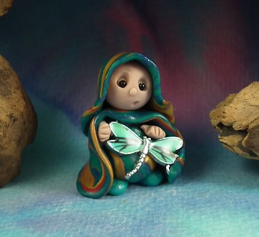 Tiny Magical Gnome 'Trella' with enamel dragonfly OOAK Sculpt by Ann Galvin