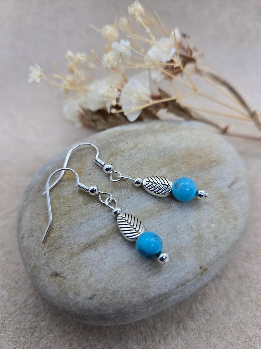 handmade silver plate hypoallergenic earrings with silver leaf and turquoise 