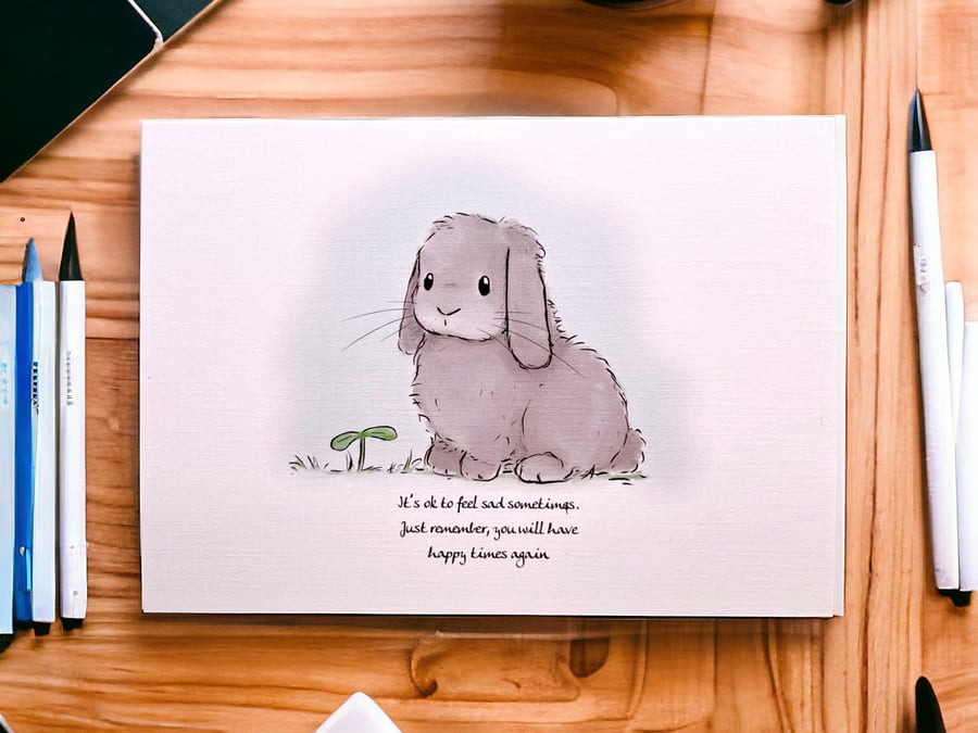 ‘It’s ok to be sad sometimes’ rabbit art greetings card
