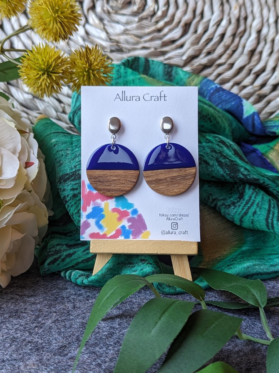 Navy and Wood Half and Half Earrings 