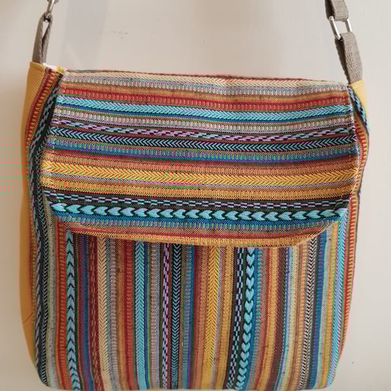 Fabric crossbody bag with adjustable strap: woven fabric with ochre