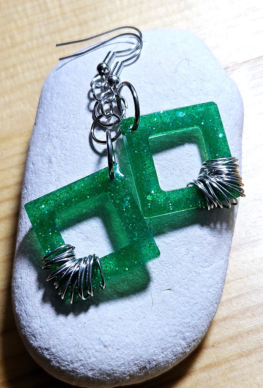 Sparkling Green Square Earrings - Handcrafted Wire Wrap Resin Jewellery