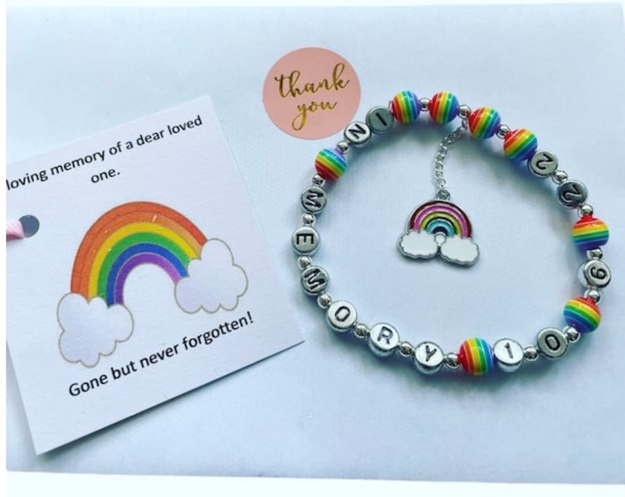Ladies in memory of rainbow bead rainbow charm number initial beaded bracelet 