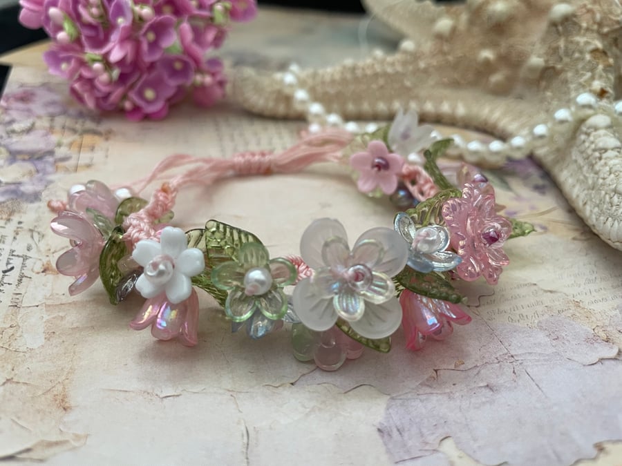 Pretty floral blossom macrame adjustable bracelet , wedding , boho , festival 