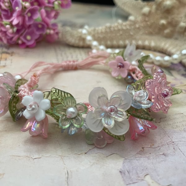 Pretty floral blossom macrame adjustable bracelet , wedding , boho , festival 