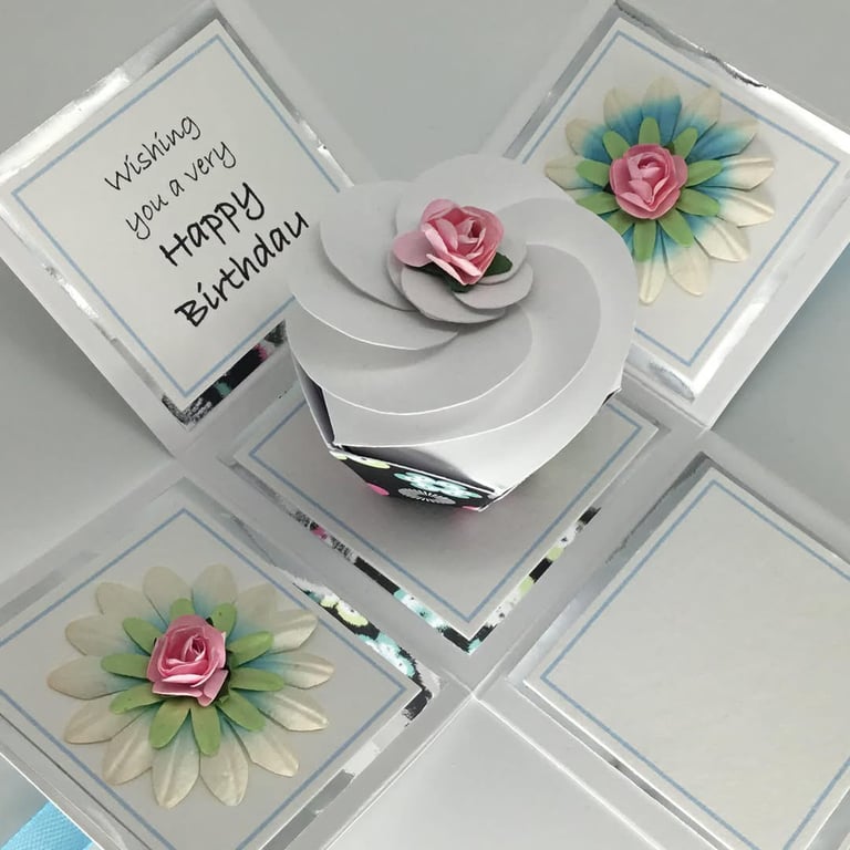 3D cupcake exploding box birthday card - turquoise
