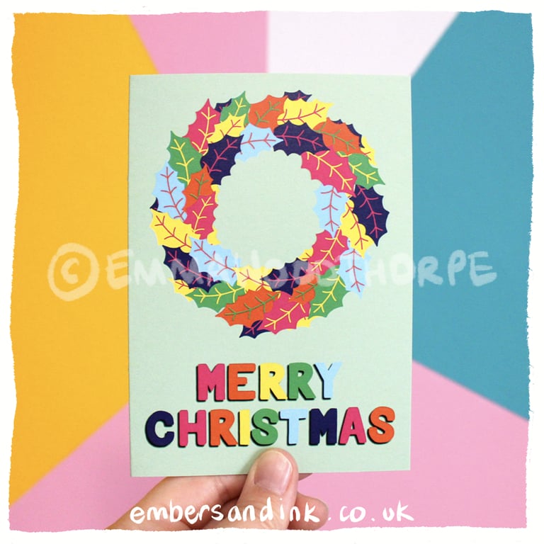 Green Rainbow Holly Wreath Christmas Greetings Card
