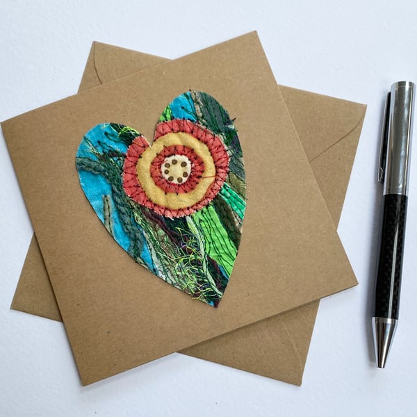 Up-cycled embroidered flower garden heart card. 