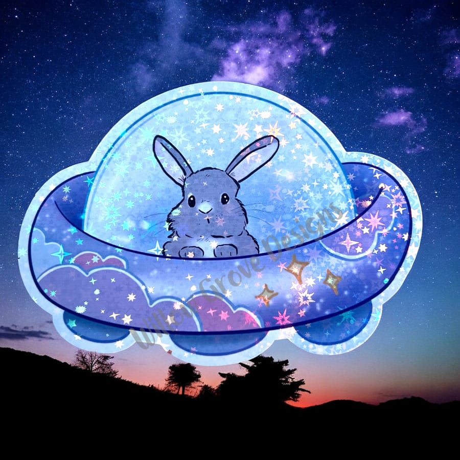 Holo starry spaceship bunny sticker large
