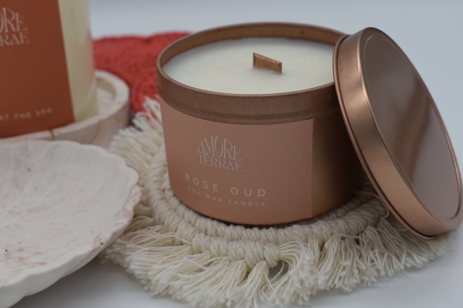 Rose Oud Soy Tin Candle with Wood Wick