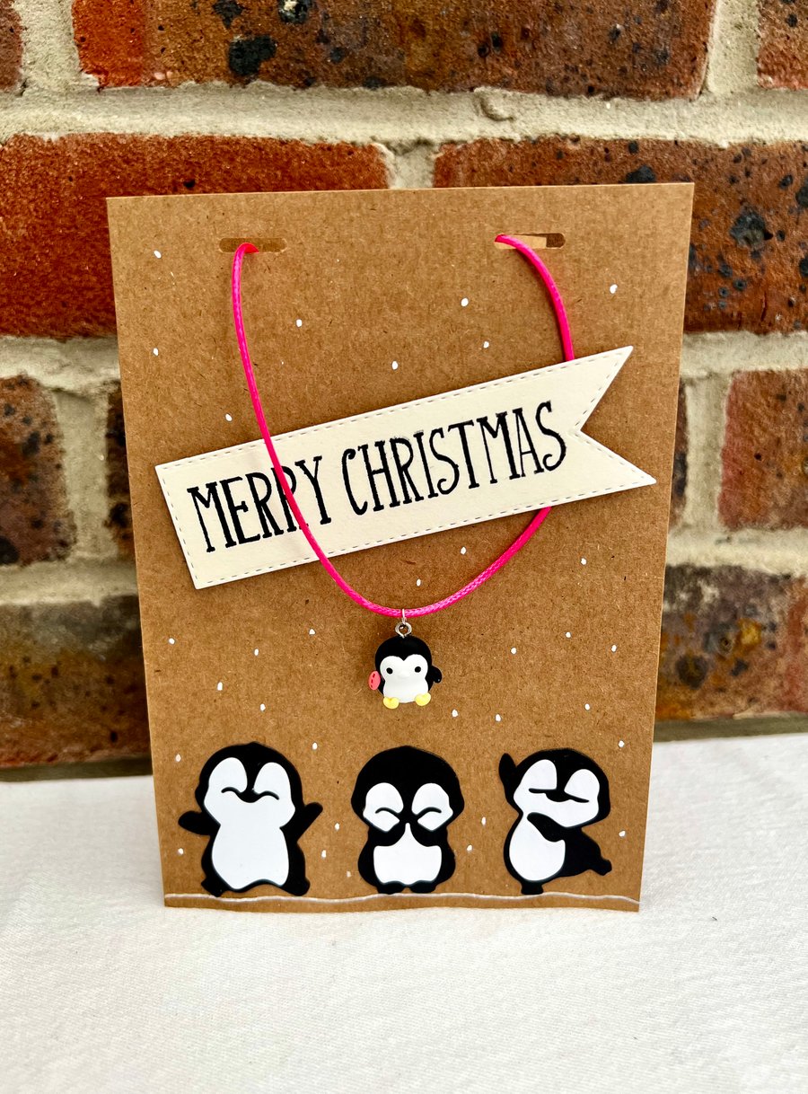 ‘Penguin Christmas’- Christmas Card including necklace 