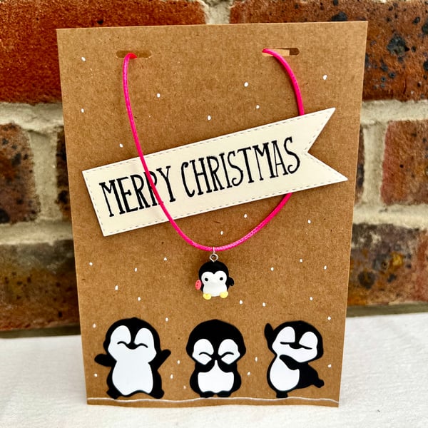 ‘Penguin Christmas’- Christmas Card including necklace 