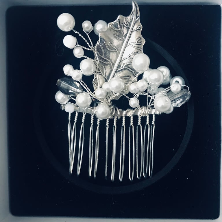 Bride or Bridesmaids Hair Comb - Glossy White Pearls with Silver Leaf