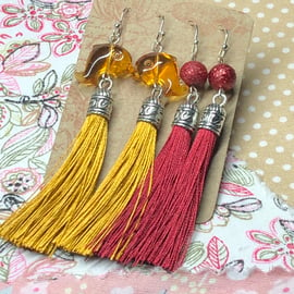 Raspberry and Wheat tassel earrings