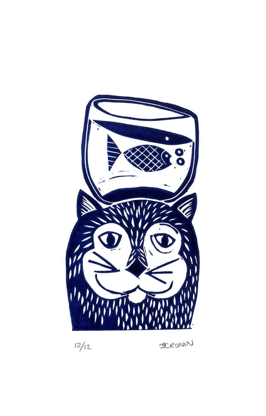 Cat & Fish Linocut Hand Pulled Original Relief Print Edition of 12
