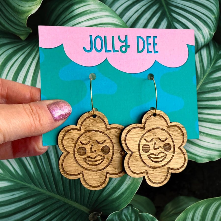 Happy face engraved wooden flower earrings, unique gifts for plant mums for her