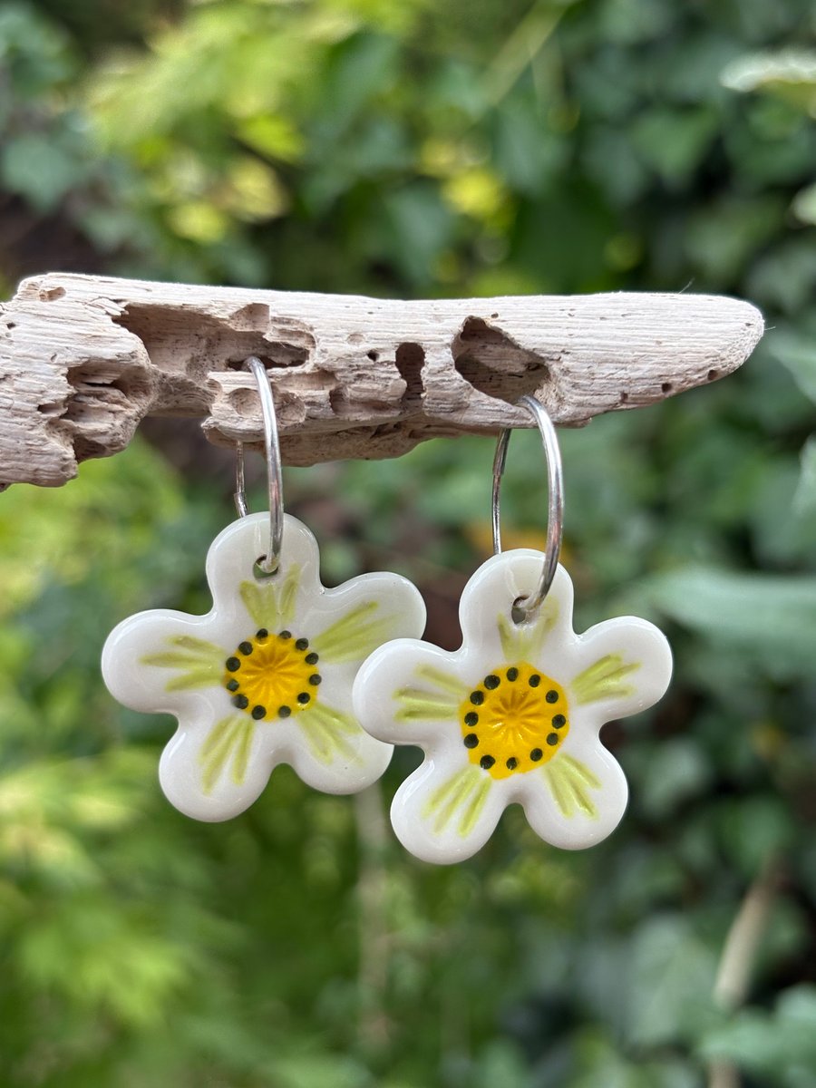 Sterling Silver Endless Hoop Earrings with Handmade Glazed Porcelain Flowers