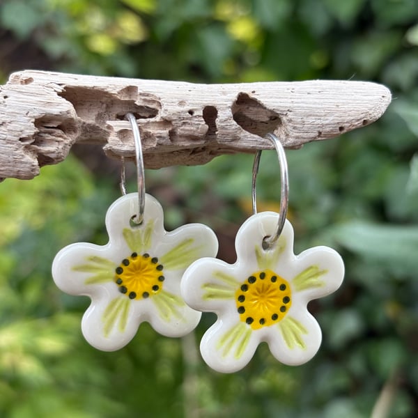 Sterling Silver Endless Hoop Earrings with Handmade Glazed Porcelain Flowers
