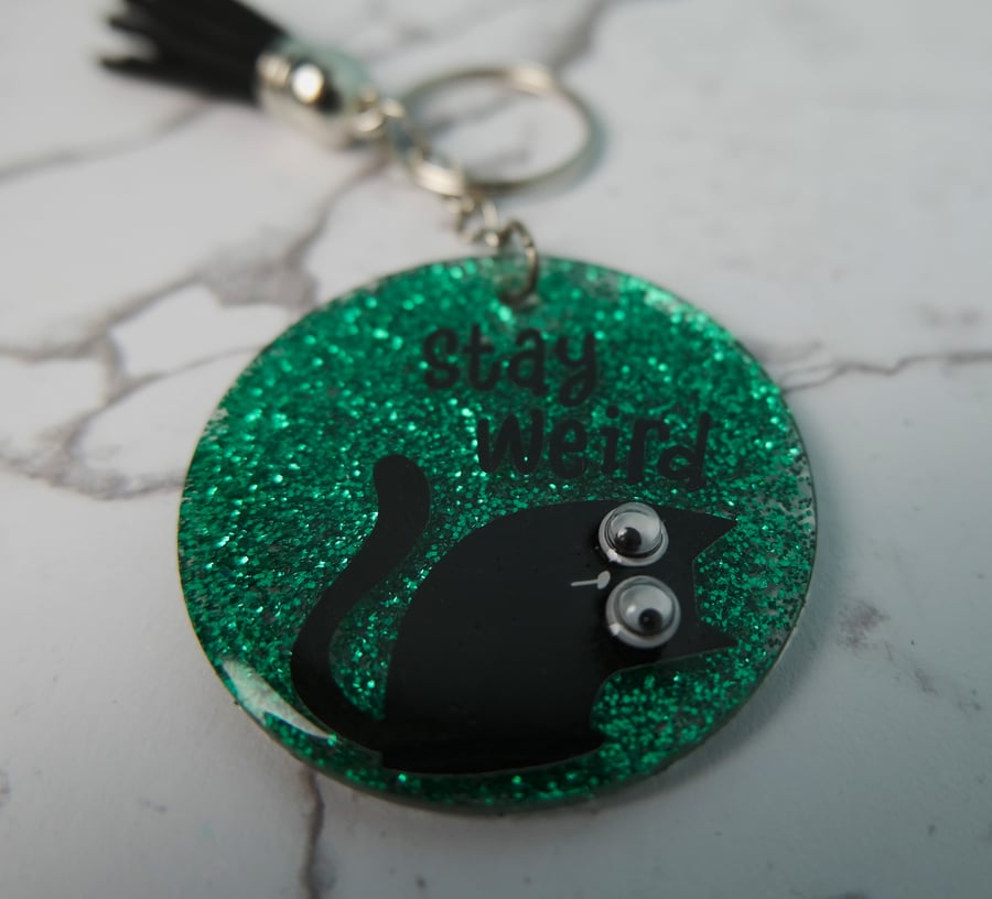 Stay Weird Glittery Cat Keyring With Googly Eyes
