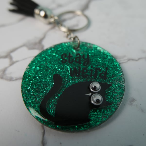 Stay Weird Glittery Cat Keyring With Googly Eyes