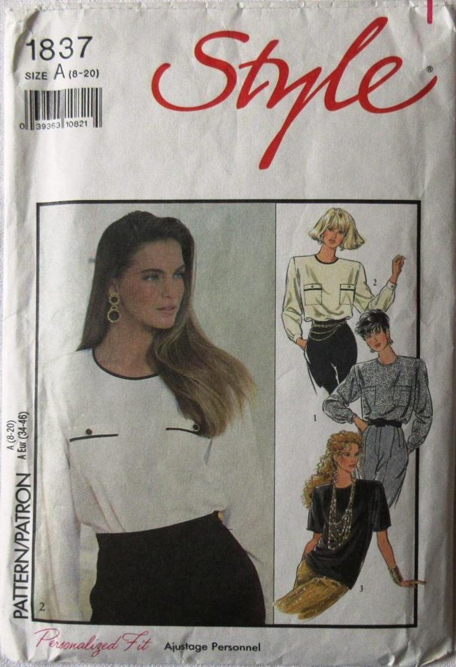 A multi-size sewing pattern for a woman's blouse in sizes 8 - 12 (Style 1837)