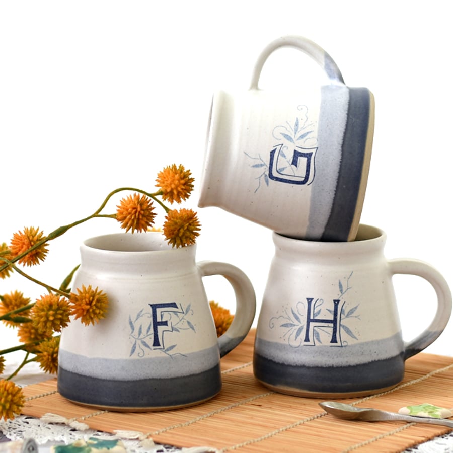 Blue and white personalised ceramic monogram mug, handmade pottery