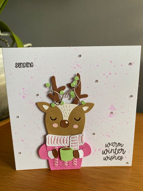 Handmade Reindeer Christmas Card Modern Colours & Hand Stitched Details