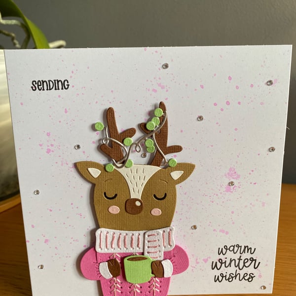 Handmade Reindeer Christmas Card Modern Colours & Hand Stitched Details