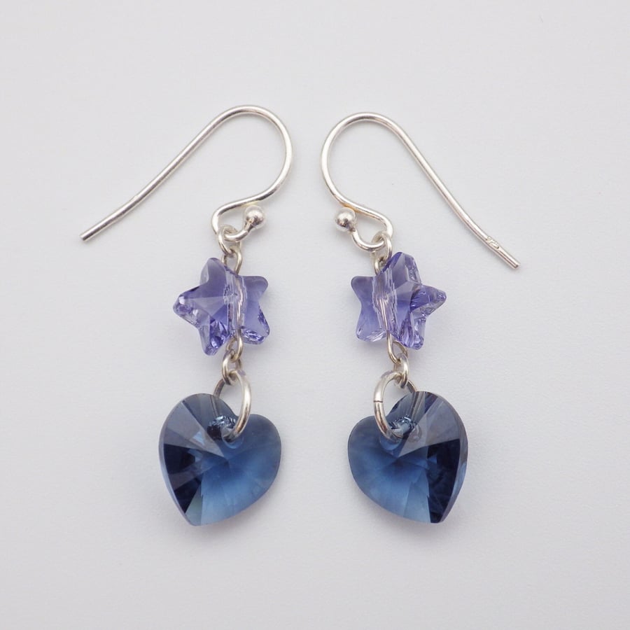 Denim blue Swarovski heart earrings with tanzanite Swarovski stars