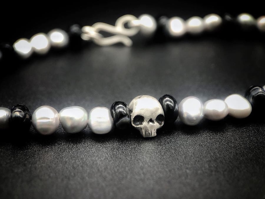 Freshwater Pearl and Sterling Silver Skull Necklace