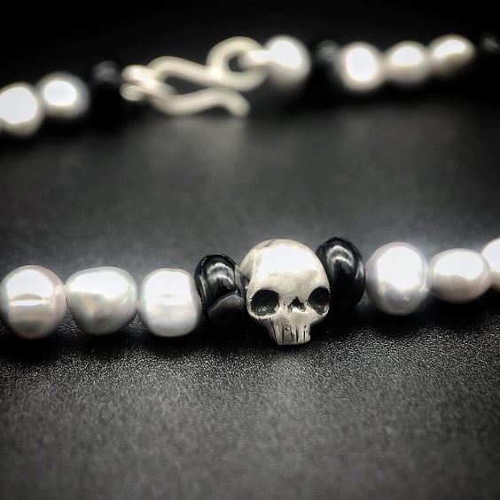 Freshwater Pearl and Sterling Silver Skull Necklace