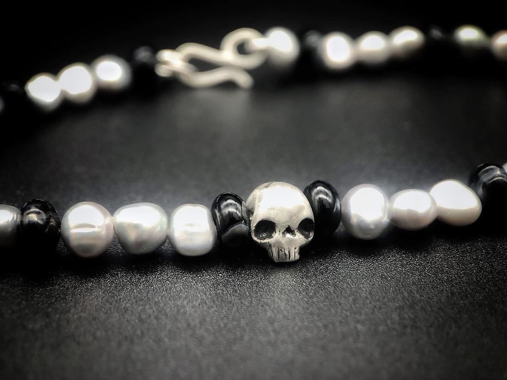 Freshwater Pearl and Sterling Silver Skull Necklace
