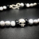 Freshwater Pearl and Sterling Silver Skull Necklace