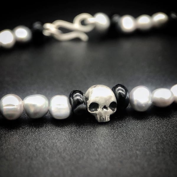 Freshwater Pearl and Sterling Silver Skull Necklace