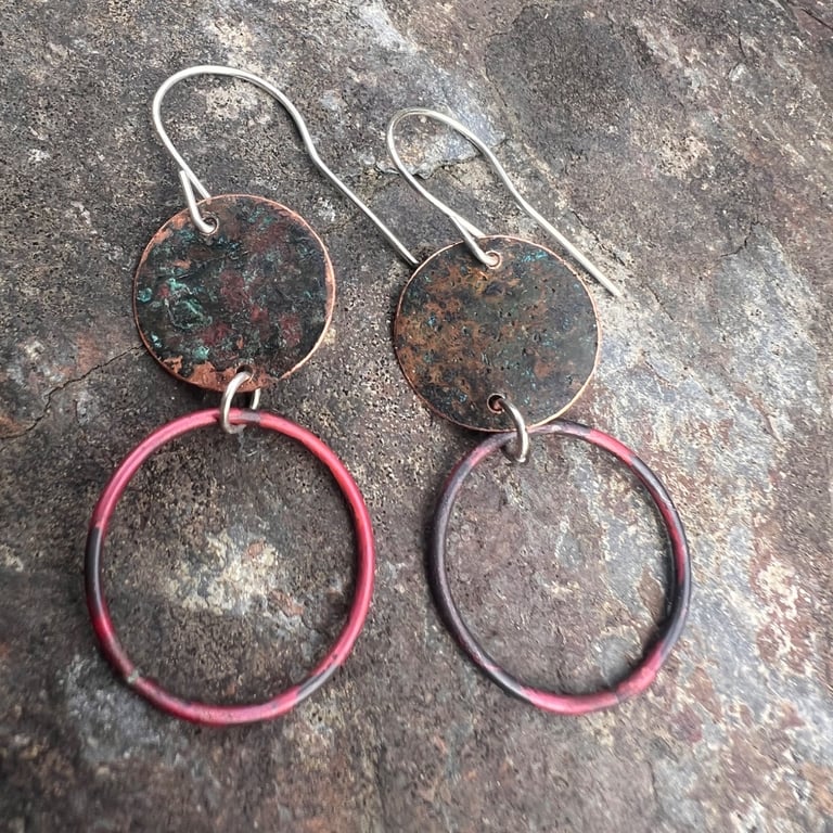 Verdigris and Red Copper Hoop Dangle Earrings