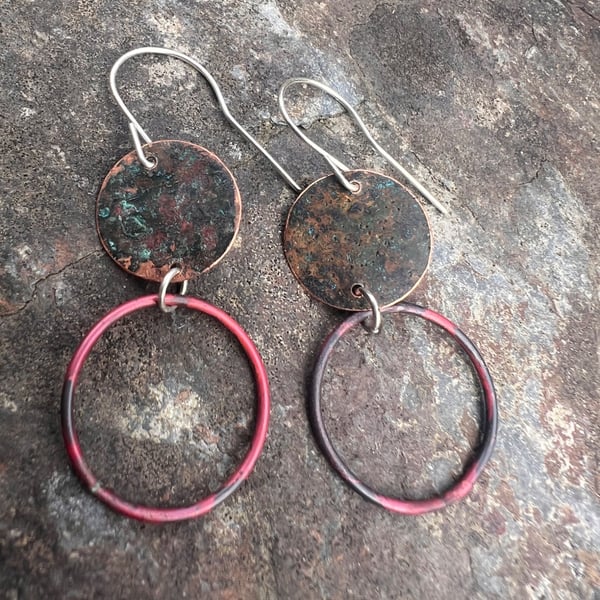 Verdigris and Red Copper Hoop Dangle Earrings