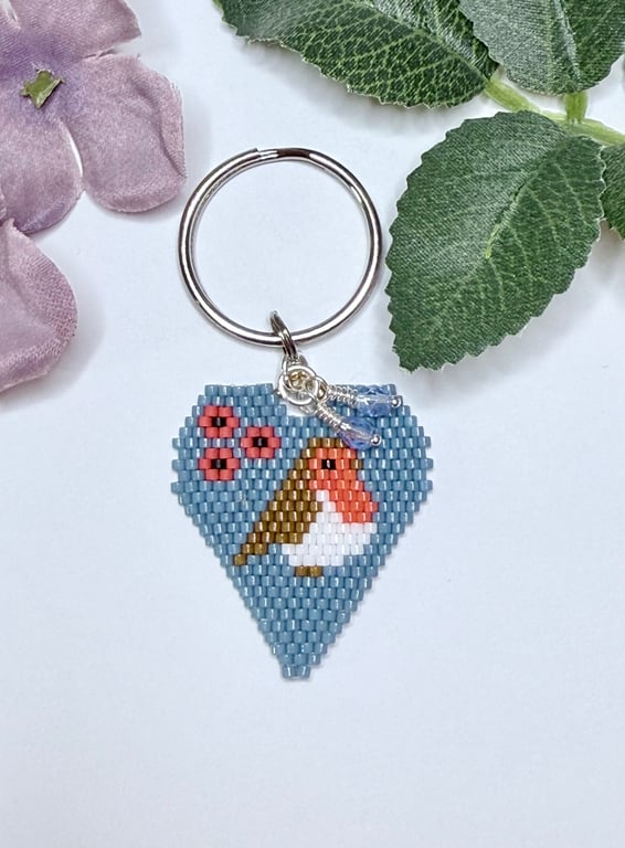 Robin and poppies beadwork remembrance keyring