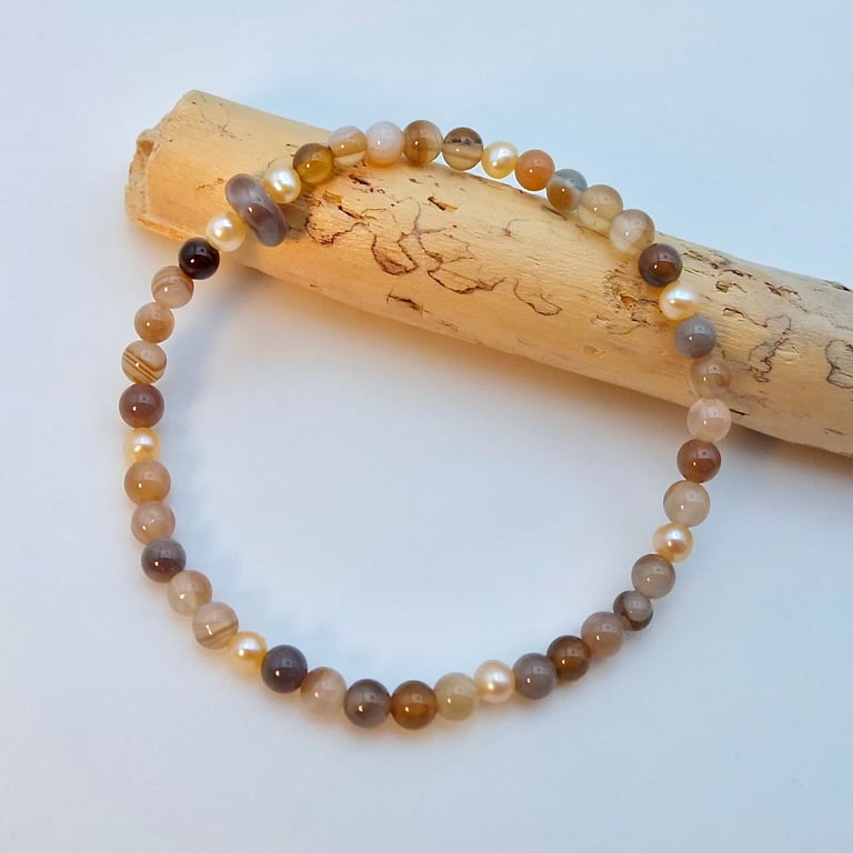 Striped Agate & Freshwater Pearl Bracelet, Birthday, Anniversary Gift For Her