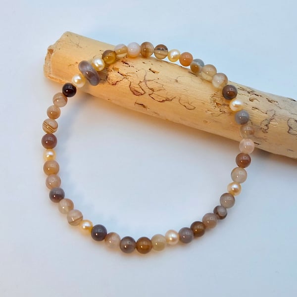 Striped Agate & Freshwater Pearl Bracelet, Birthday, Anniversary Gift For Her