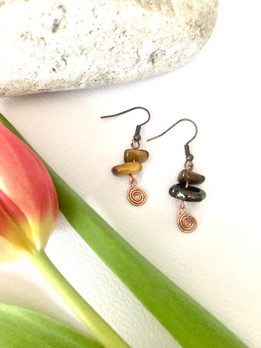 Copper Earrings with Tigers Eye stone and Small Copper Swirl - Drop 1.25”