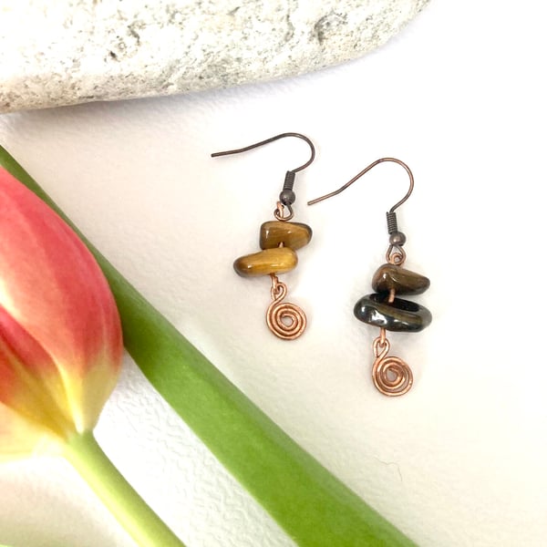 Copper Earrings with Tigers Eye stone and Small Copper Swirl - Drop 1.25”