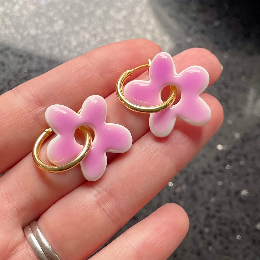 Pink flower hoops – colourful polymer clay ceramic-effect earrings